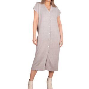 Kinross Cashmere Flax Button Front Midi Dress Womens XS Taupe V-Neck Linen Woven